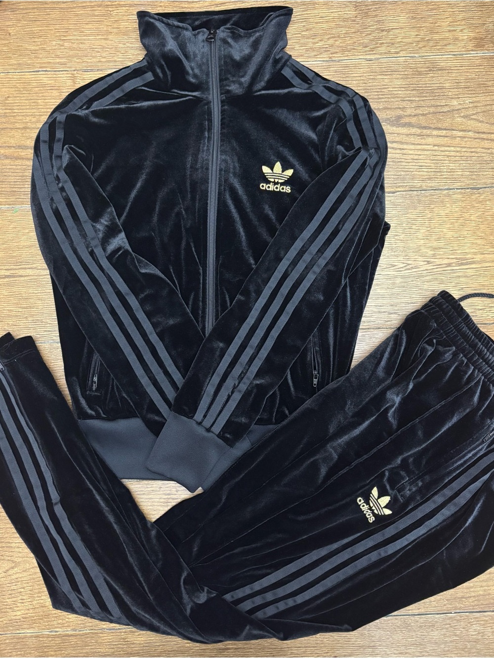 Women’s Adidas Black Velour Jogger Set with Gold Trefoil